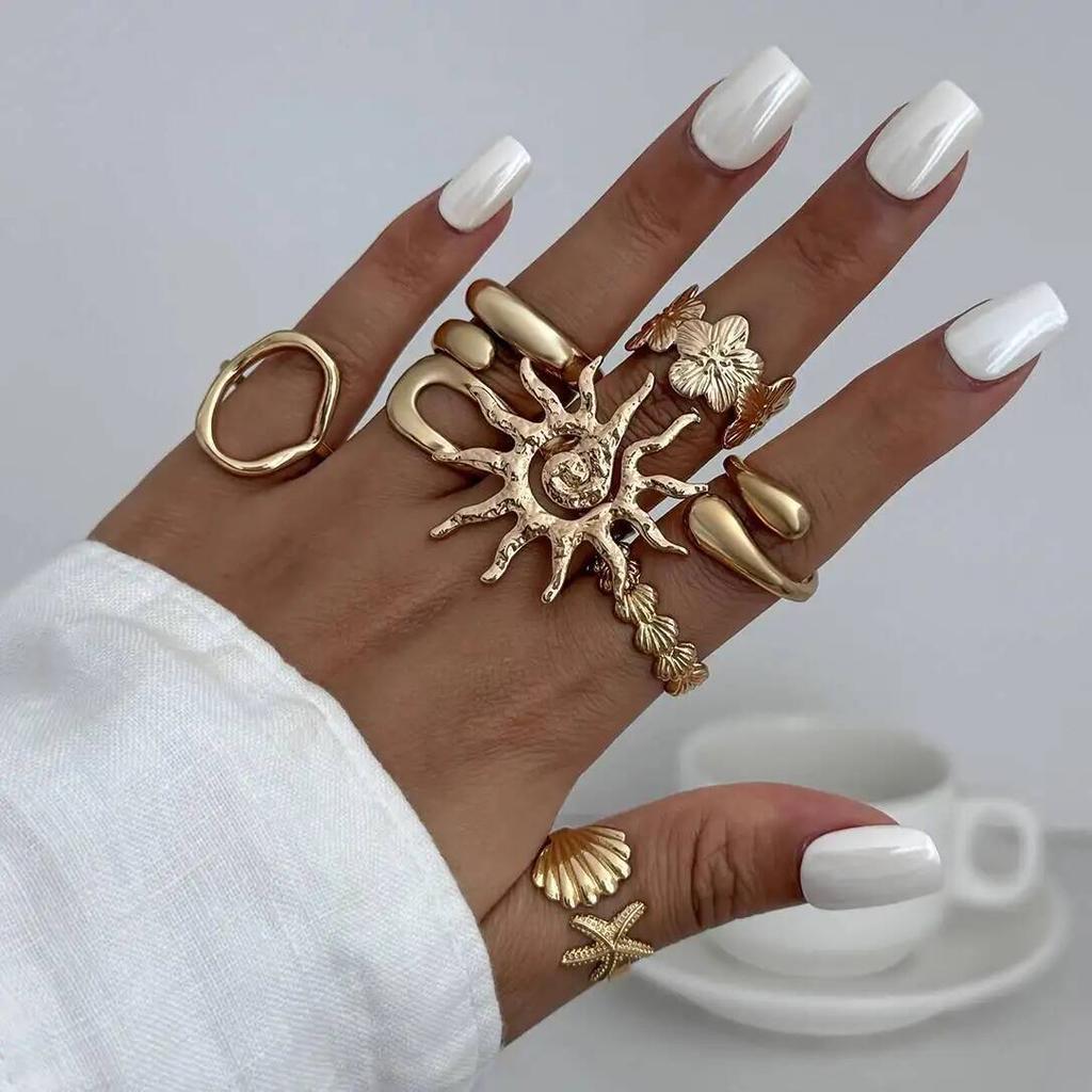 IngeSight.Z 8Pcs/set Fashion Starfish Scallop Open Finger Ring Women Vintage Gold Color Metal Knuckle Joint Ring Couple Jewelry