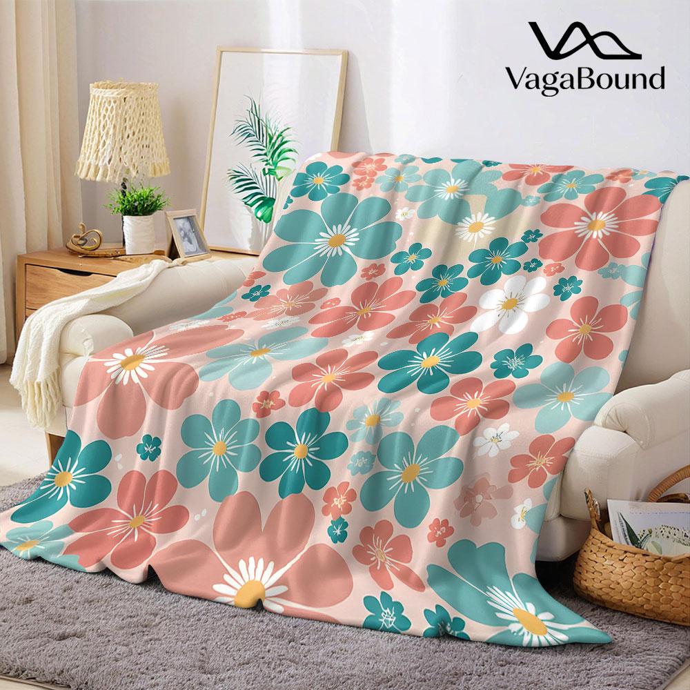 retro floral teal pink Flannel Blanket Warm Soft Halloween Christmas Decorative Couch Warm Cozy AllSeason Gift