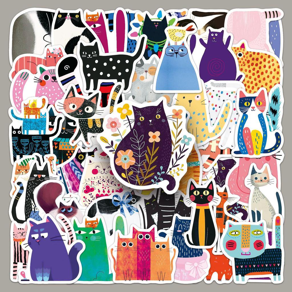 50 Cat Stickers - Abstract Cute Pet Art, Waterproof Graffiti for Stationery, Computers, and Water Bottles.