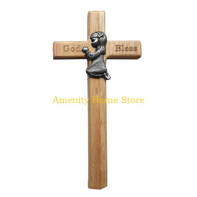 

F26C Wooden Praying Baby for Cross with Pewter Ornaments Prayerful Kneeling Blessing Boy Girl Christmas Decorations