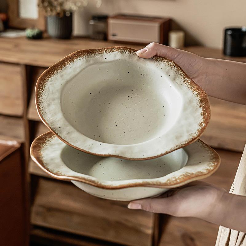 Coarse Pottery Straw Hat Plate Retro Style Ceramic Plate Household Tableware Vegetable Plate Pasta Plate Lace Fruit Salad Plate