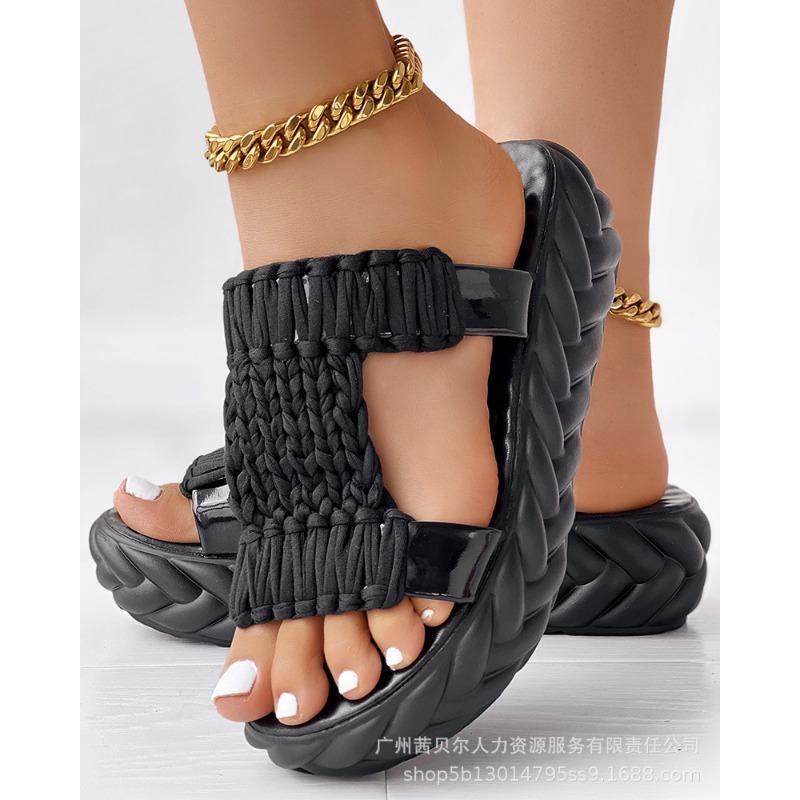 Женские однотонные плетеные сандалии повседневные слипоны на платформе с мягкой подошвой универсальные летние удобные шлепанцы 37 чёрный 1980₽