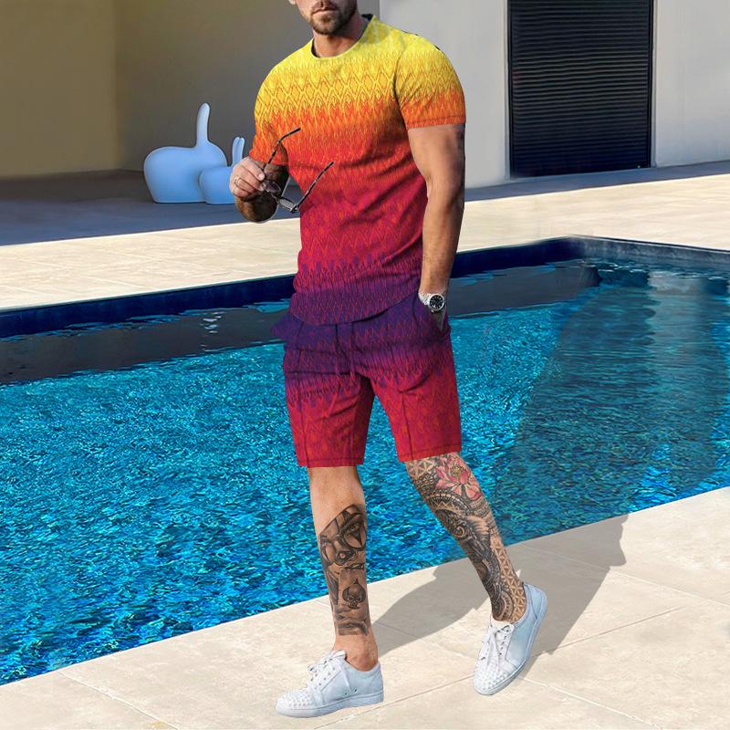 Plus Size Men's Summer Suit Round Neck Short Sleeved Shorts 3D Printed Loose Men's Casual Sports Set
