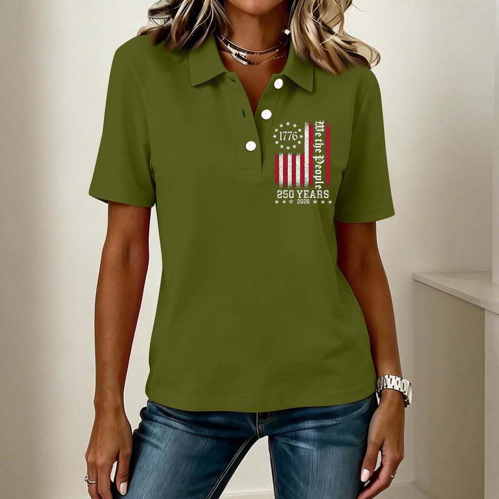 Damen Casual Knopf Kurzarm Poloshirt 250. Jubiläum Aufdruck Oberteil Unabhängigkeitstag Stil Leichtes Weiches Gewebe