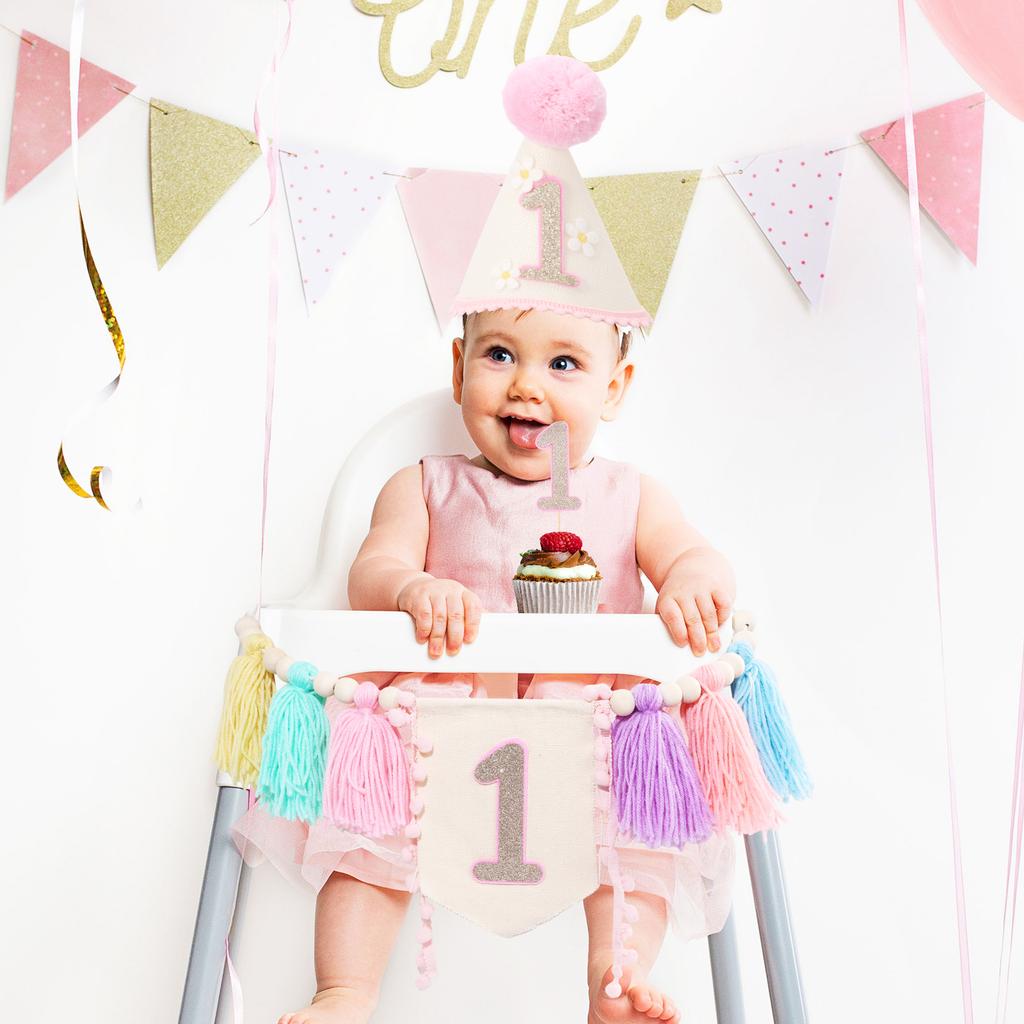 3 Stück Baby Erster Geburtstag Hochstuhl Banner Krone Hut und Kuchenaufsatz Junge Mädchen Ein Jahr alt Geburtstagsparty Dekoration Zubehör