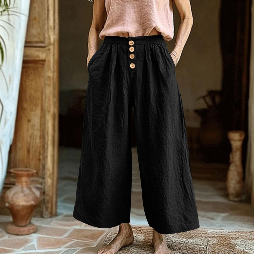 Wide Leg Cropped Pants for Women High Waist Button Front Loose Fit Casual Trousers with Pockets Lightweight Fabric