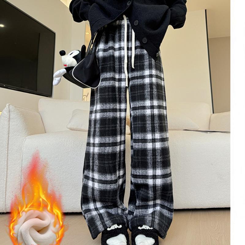 Tweed Plus Velvet Plaid Pants for Women In Autumn and Winter New Loose Retro Casual Pants Straight and Floor Lazy Wide-leg Pants