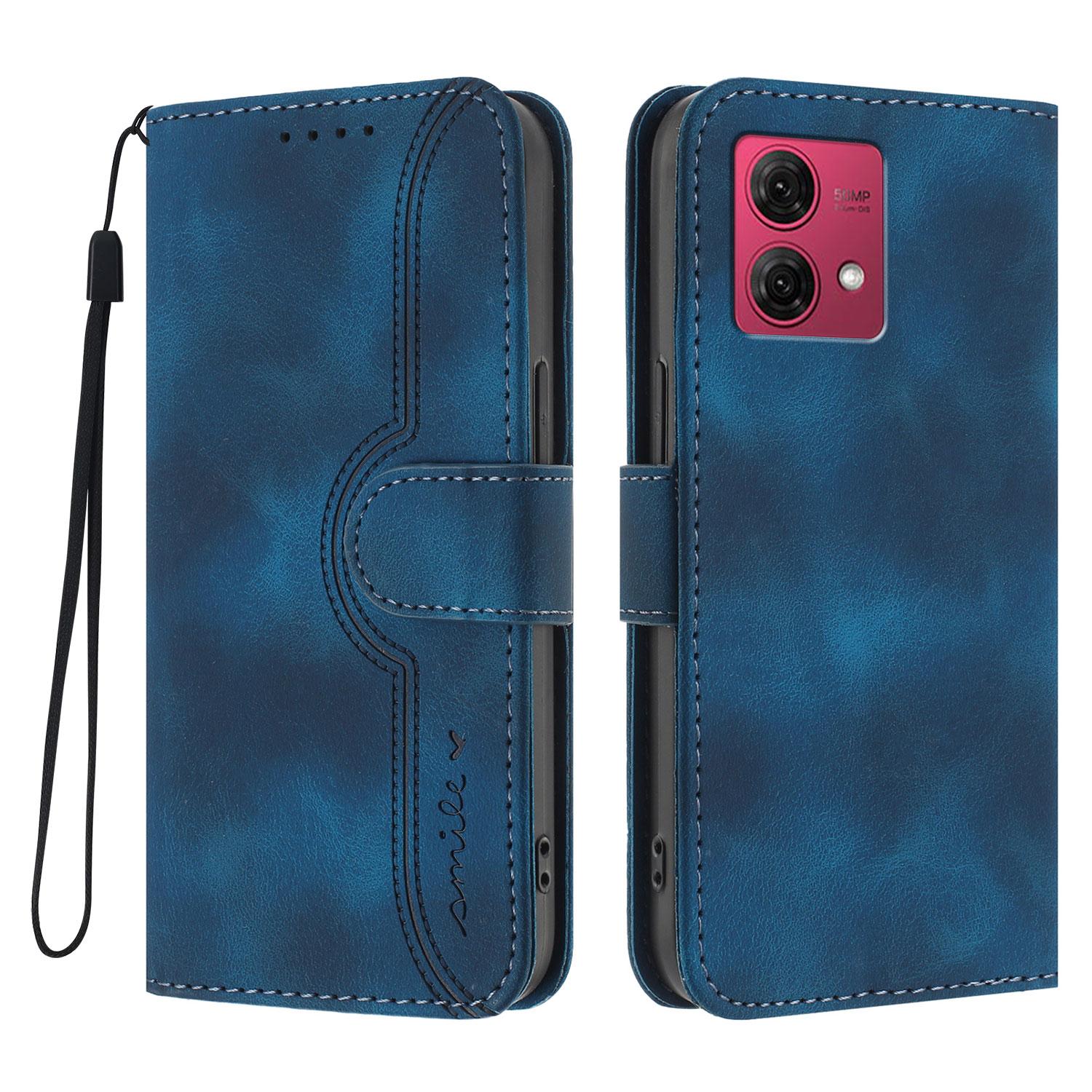 

Шкіряний чохол-гаманець-підставка для Motorola Moto G84 5G з ремінцем та принтом усмішки Royal Blue