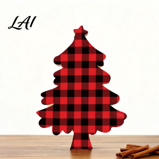 Christmas Tree Decorations Wooden Tabletop Decor Plaid Polka Dots Xmas Wood Signs Red Traditional Festive Ornaments Black Green Desktop Centerpieces