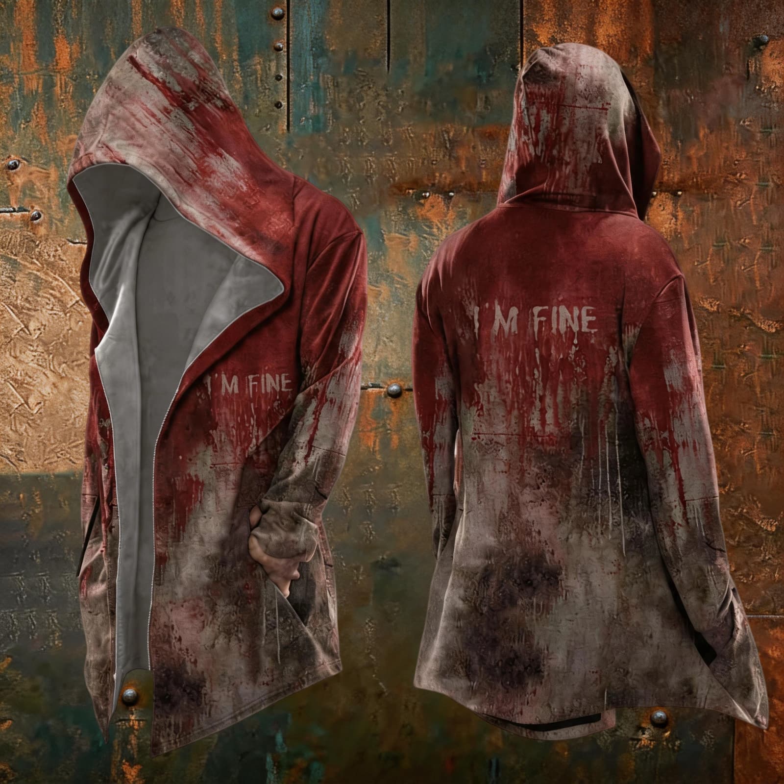 Men s Halloween Printed Loose Fit Zip-Up Hoodie Sweatshirt Cardigan XXL