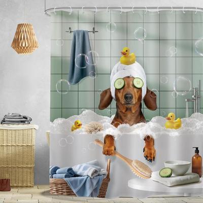 Funny Dog Shower Curtain Vintage Hilarious Dachshund Bath Soap Cute Animal Puppy Pets Bubbles Duck with Hooks Fabric Waterproo