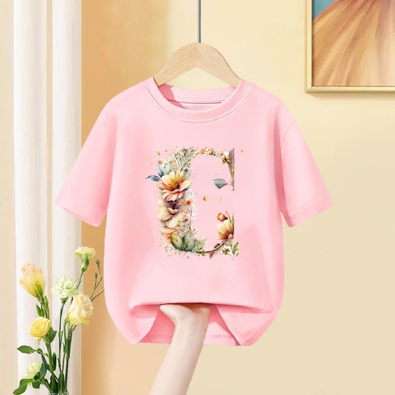 Girls T Shirt Custom Name Letter Combination Print Tshirt Flower Letter Font A B C D E F G Short Sleeve Kids Pink Tops