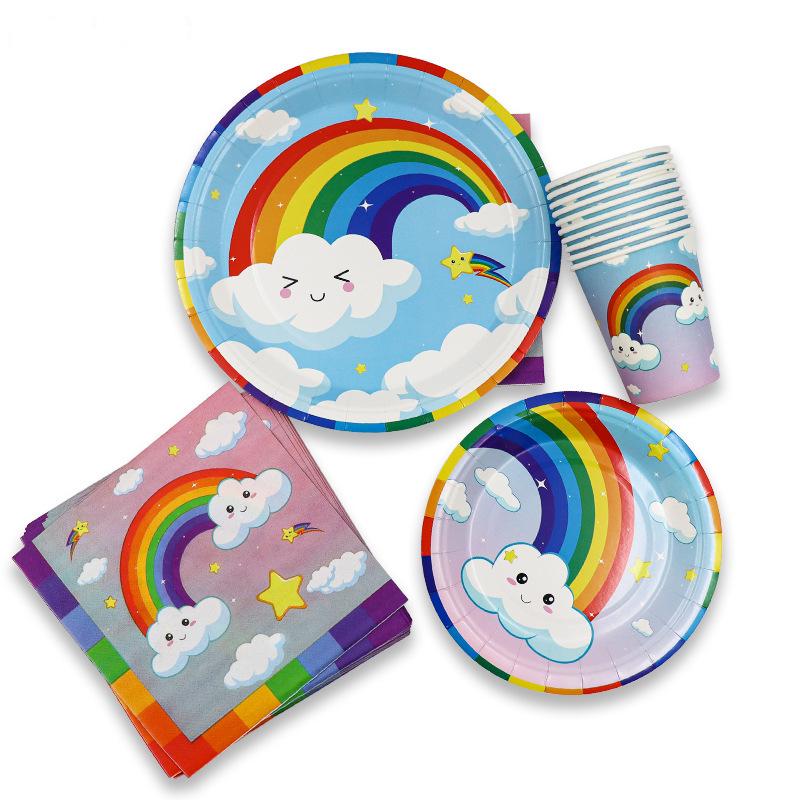 White Cloud Rainbow Disposable Party Set: Plates, Cups & Napkins for Kids' Birthdays