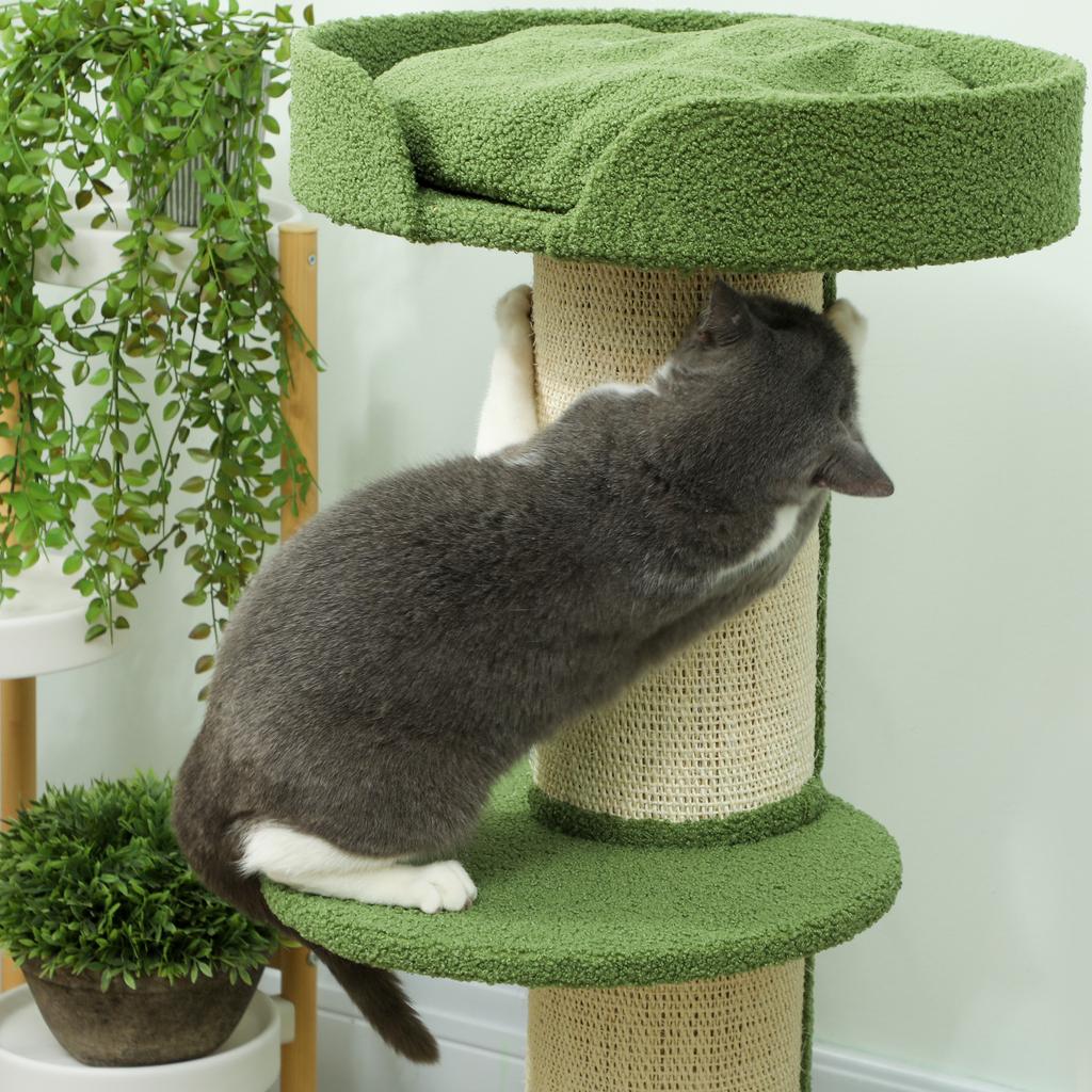 Cat Tree with Scratching Post, Activity Center, Platforms, Cushion, 45 x 45 x 91 cm, Green and Beige