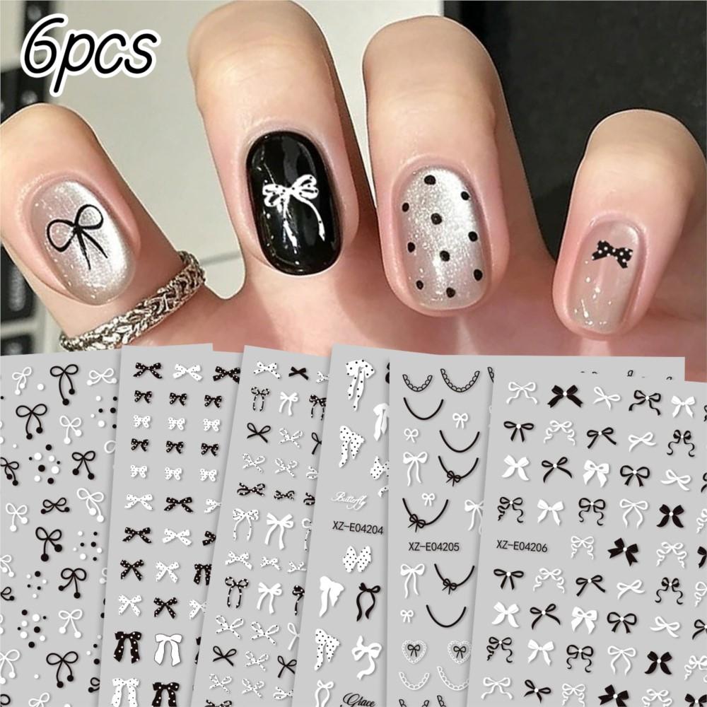 6pcs 3D Black White Bow French Nail Stickers Cute Polka Dot Bowtie Ribbon Nail Decals 8*10cm Self-Adhesive DIY Manicure Charms