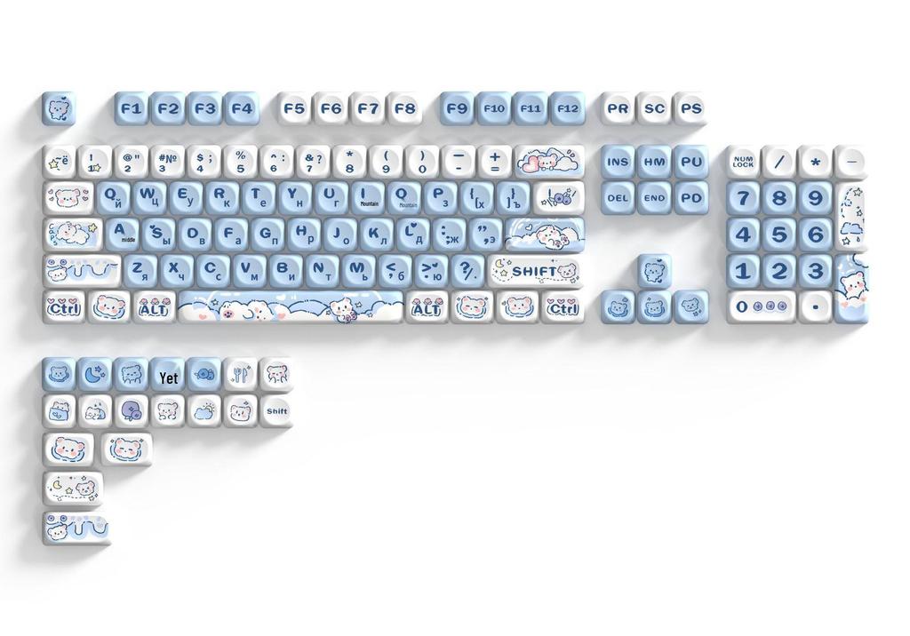 Blue Cute Cartoon Bear Keycap Set - Ice Cream Theme, 75-98 Keys, Highly Sublimated for Mechanical Keyboards