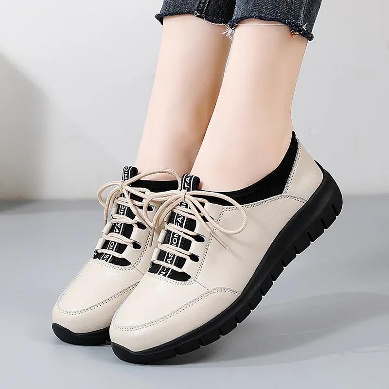 2025Women Shoes Platform Loafers Lace Up Leather Flats Trend Spring Casual Mom Shoe Mujer Zapatos Chaussure Femme