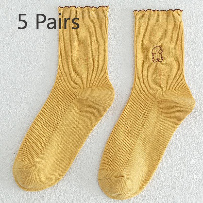 5 Pairs of Women's Autumn and Winter Lace Preppy Cute Cartoon Wooden Ear Edge Cotton Tube Pile Socks