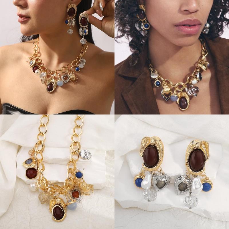 Retro Luxuriou Necklace Earrings Set Bohemian Resin Gemstone Beaded Jewelry For Women Party Gift