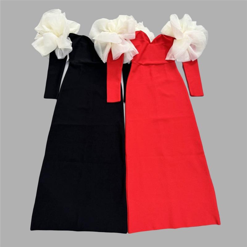 Women's celebrity style new hip bandage dress temperament elegant fashion splicing one-word shoulder dress