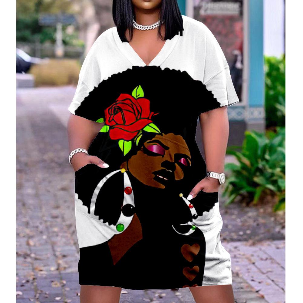 2026 digital printing cross-border temperament commuter skirt pullover V-neck dress