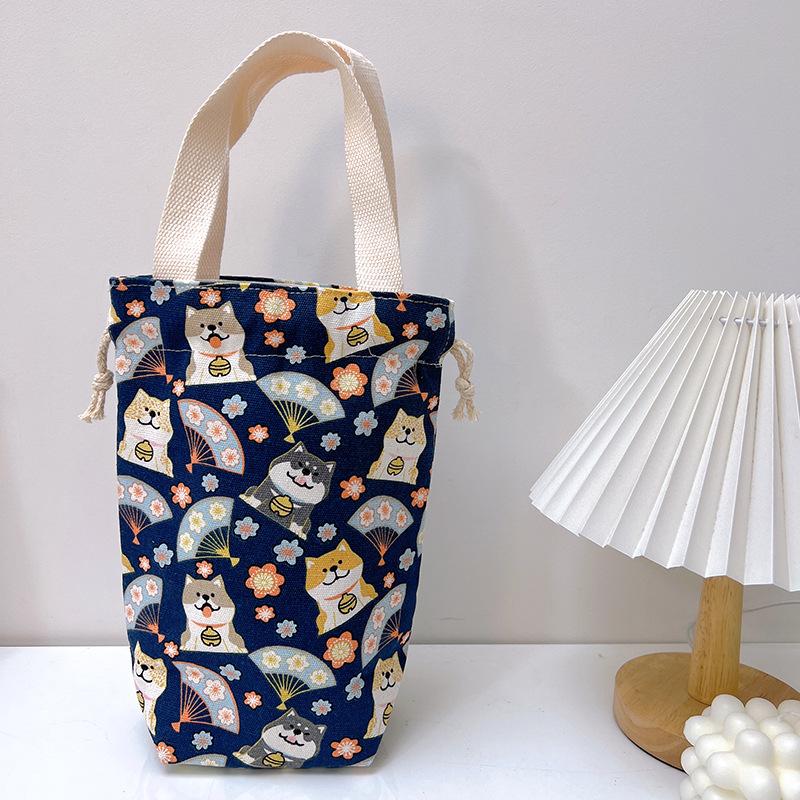 Portable Canvas Insulator Sleeve Bag Case Thermos Pouch Cartoon Pictures Closing Drawstring Storage Bag Vacuum Cup Set