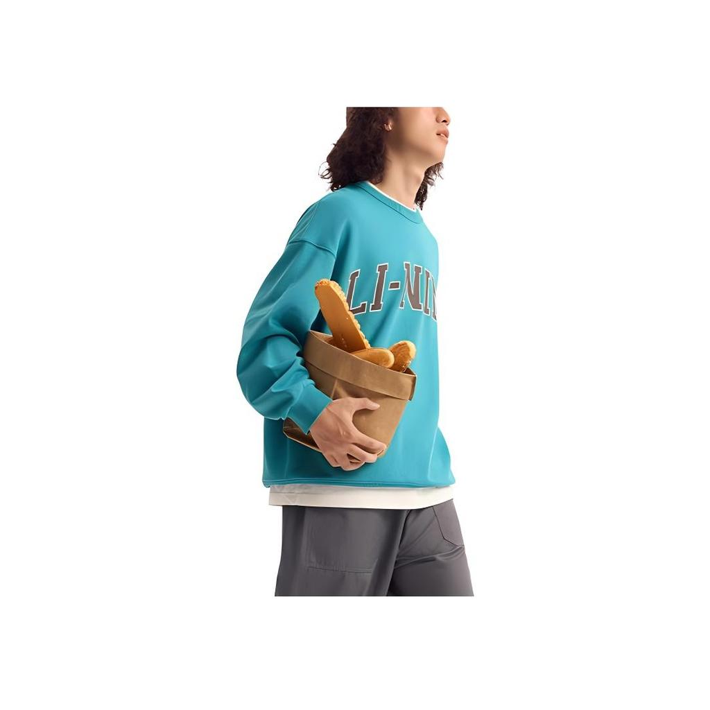 Li Ning Víkendová mládež Potisk písmen Kulatý výstřih Pulovr Mikina s dlouhým rukávem Unisex mikina Reef-Blue AWDU785-4