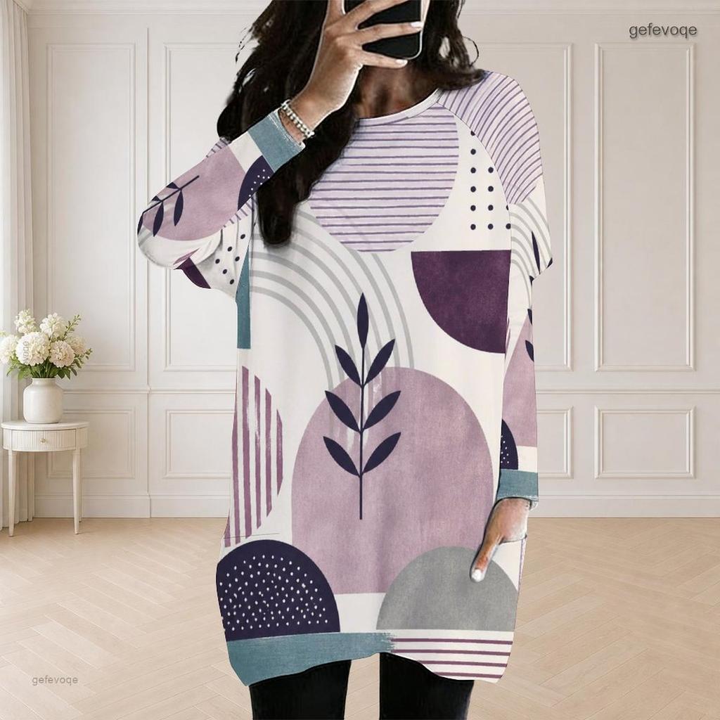 Women Plus Size Round Neck Long Sleeve Abstract Printed Loose Longline Top With Pockets