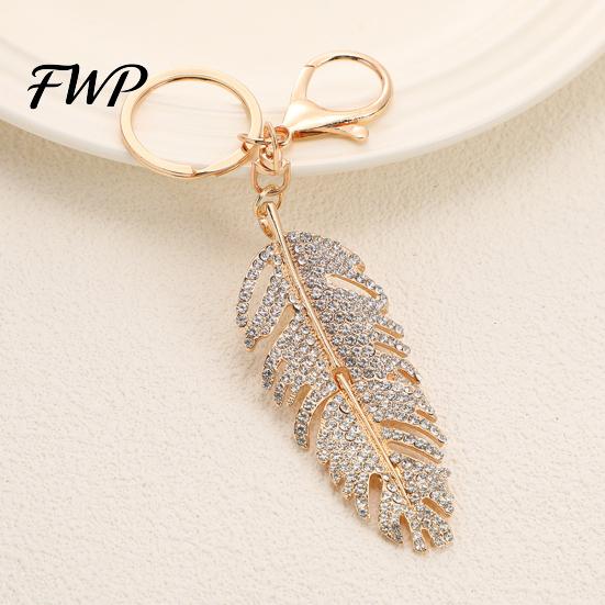 Rhinestones Inlay Keychain Pendant Inlaid Feather Shape Key Chain with Anti-Oxidation Lobster Clasp Backpack Bag Accessory Alloy