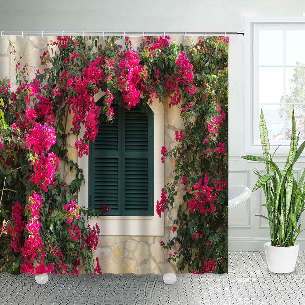 Spring Rural Landscape Shower Curtains Set Pink Flowers Tree Forest Natural Floral Green Plant Scenery With Hooks Bathroom Decor