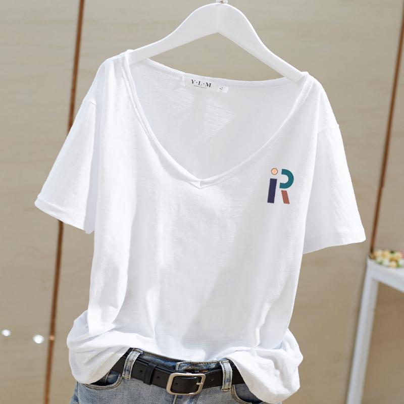 Damska koszulka z dekoltem V, krótkim rękawem, wykonana z bawełny bambusowej - Lato 2025, Styl koreański, Casualowa, Biała baza