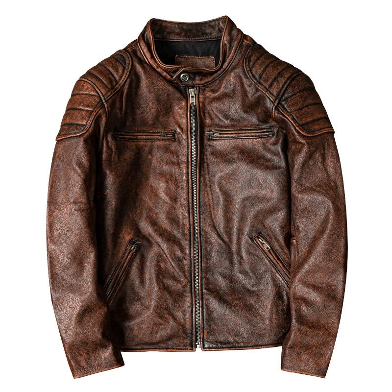 Genuine Leather Jacket Men Distressed Brown Vintage Stand Collar Biker Coat Large Size