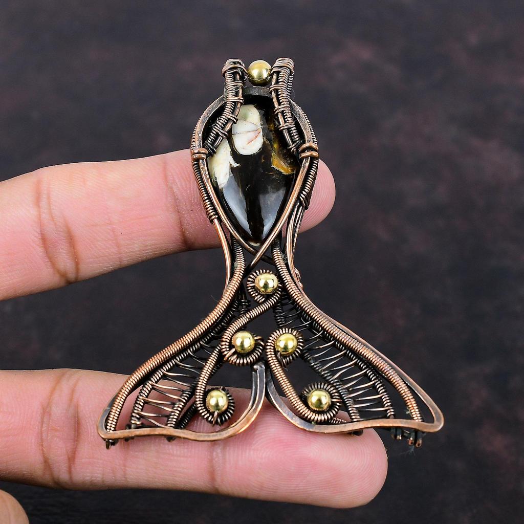 Peanut Wood Jasper Pendant Copper Wire Wrapped Pendant Fish Pendant Gemstone Copper Jewelry Gift For Her Handmade Pendant Wire Wrap Jewelry