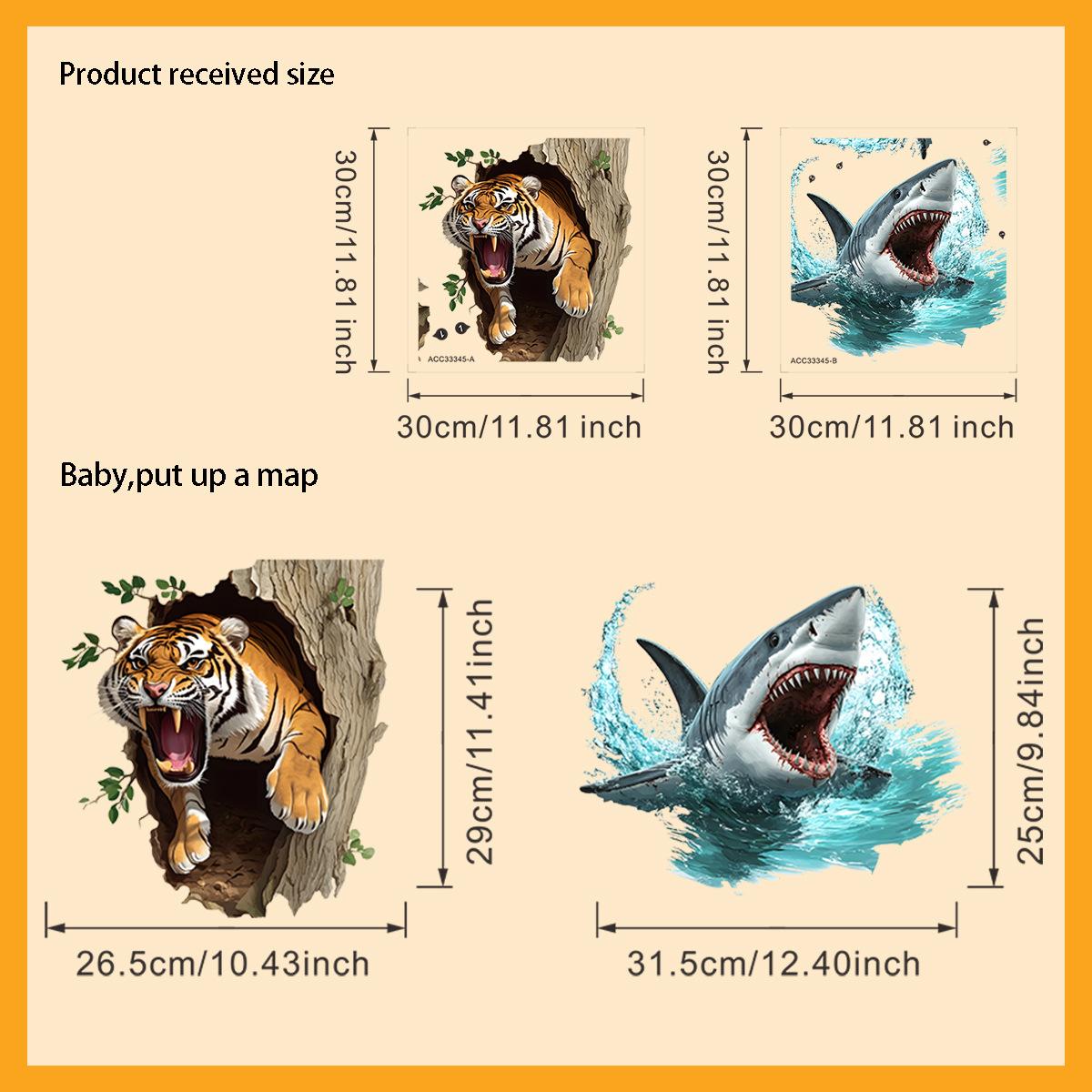

Peeking Tiger and Shark Toilet and Wall Sticker Set Waterproof Self-Adhesive Removable Decal for Bathroom WC Decoration 30x30cm*2pcs різнокольоровий