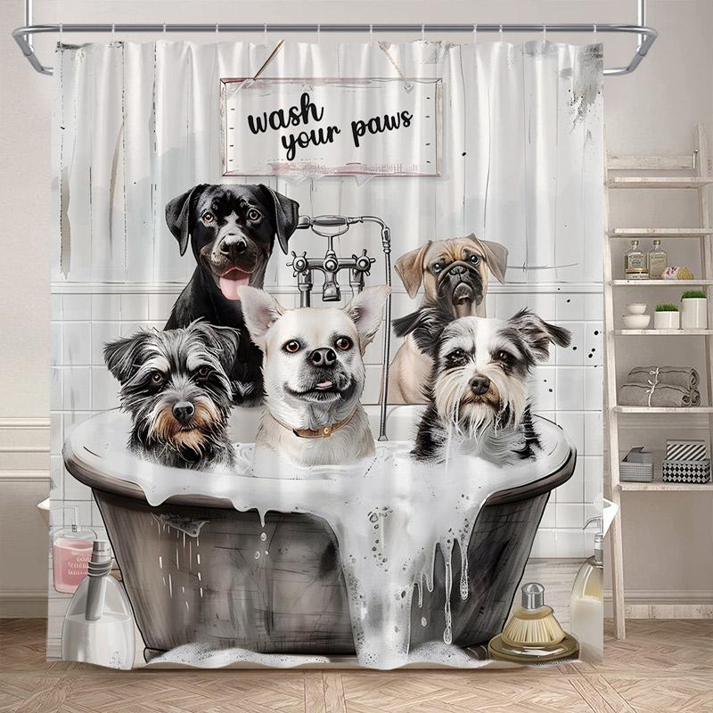 Funny Bathing Dogs Shower Curtain Bathtub Wash Your Paws Cute Pet Cartoon Animals Bath Curtains Fabric Bathroom Decor with Hooks