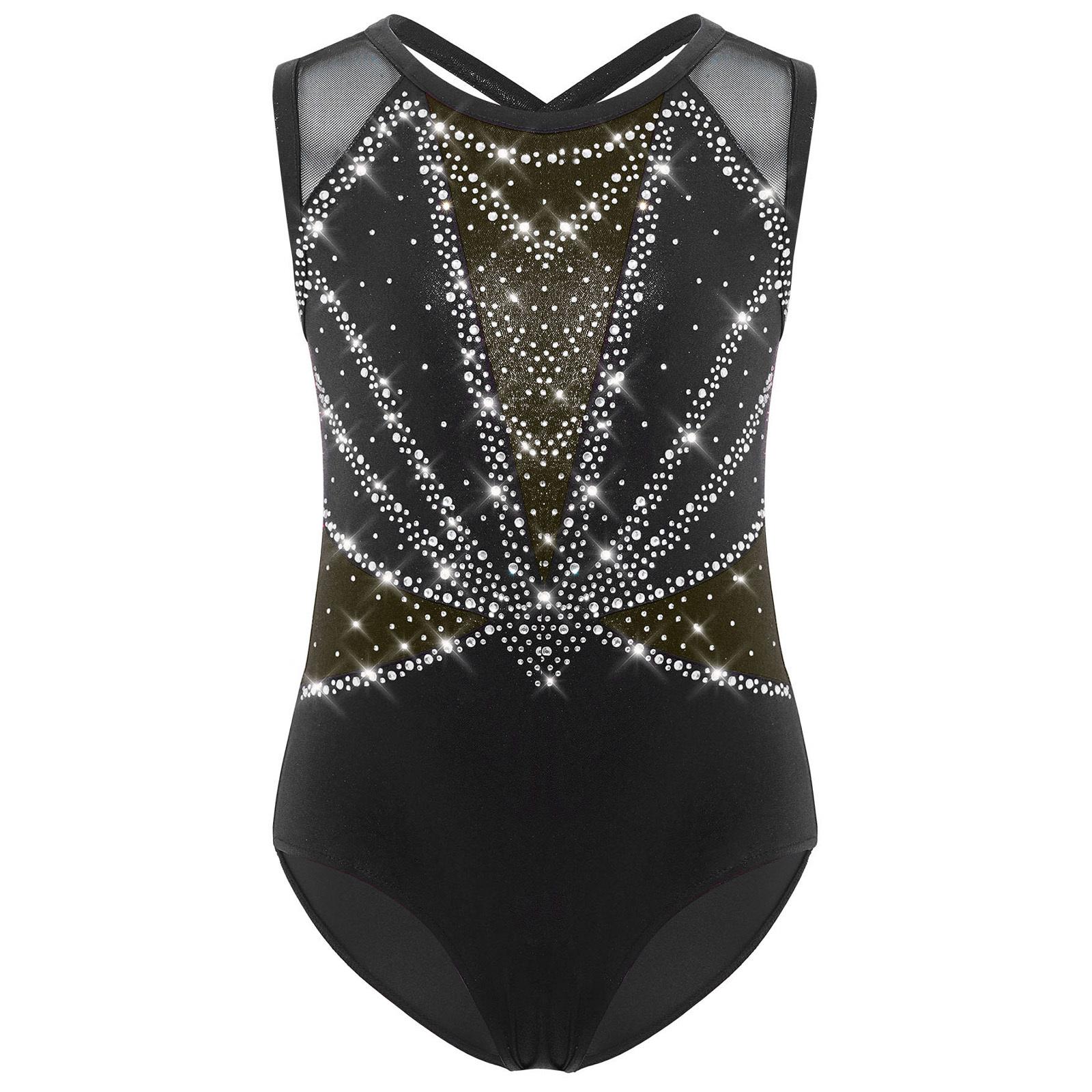 

Дитячий гімнастичний купальник з перехрещеною спинкою, без рукавів, з круглим вирізом, блискучими стразами, металізований танцювальний костюм 11-12 Years золотий/чорний