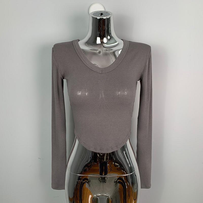 

Korean Sexy Hot Girl Slim V Neck Tight Crop Bodycon Versatile Long Sleeve Base Layer T Shirt Top Women One Size серый