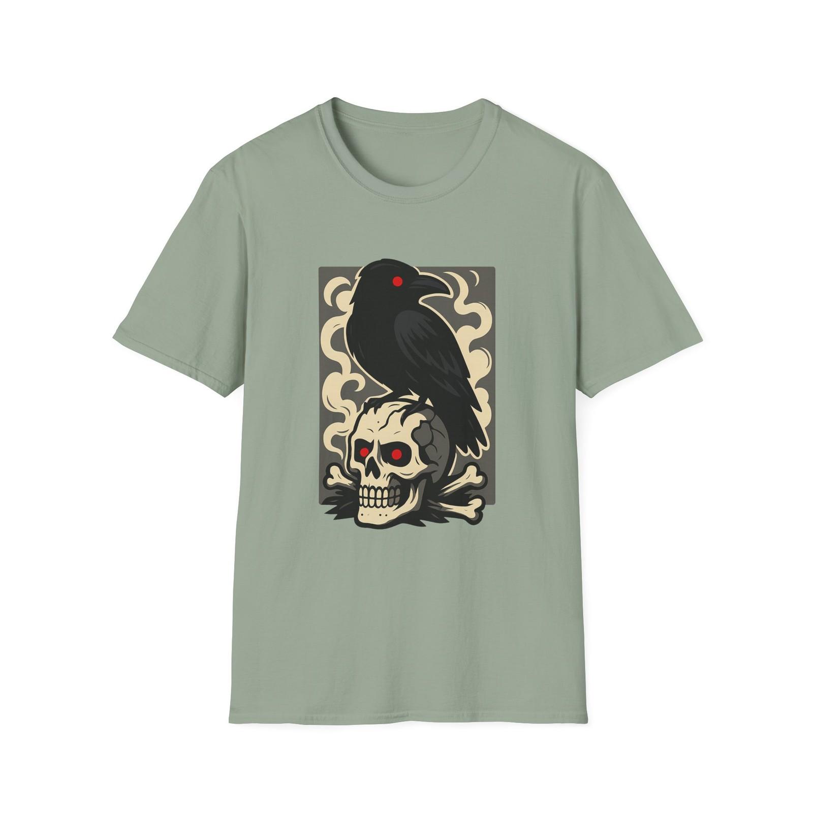 Unisex Softstyle T-Shirt Mens Womens Tees Top – Gothic Raven Skull Tee, Horror, Haunted S