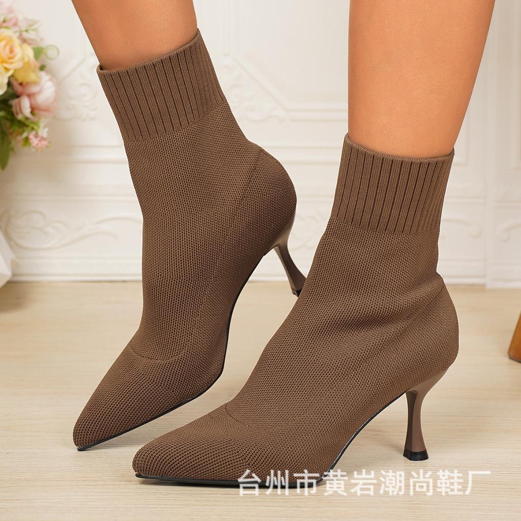 Ladies' Fashionable Knitted Hollow Out High-heeled Short Boots with Elegant Temperament, Soft and Elastic Fabric, Casual and Comfortable Jeans To Wear