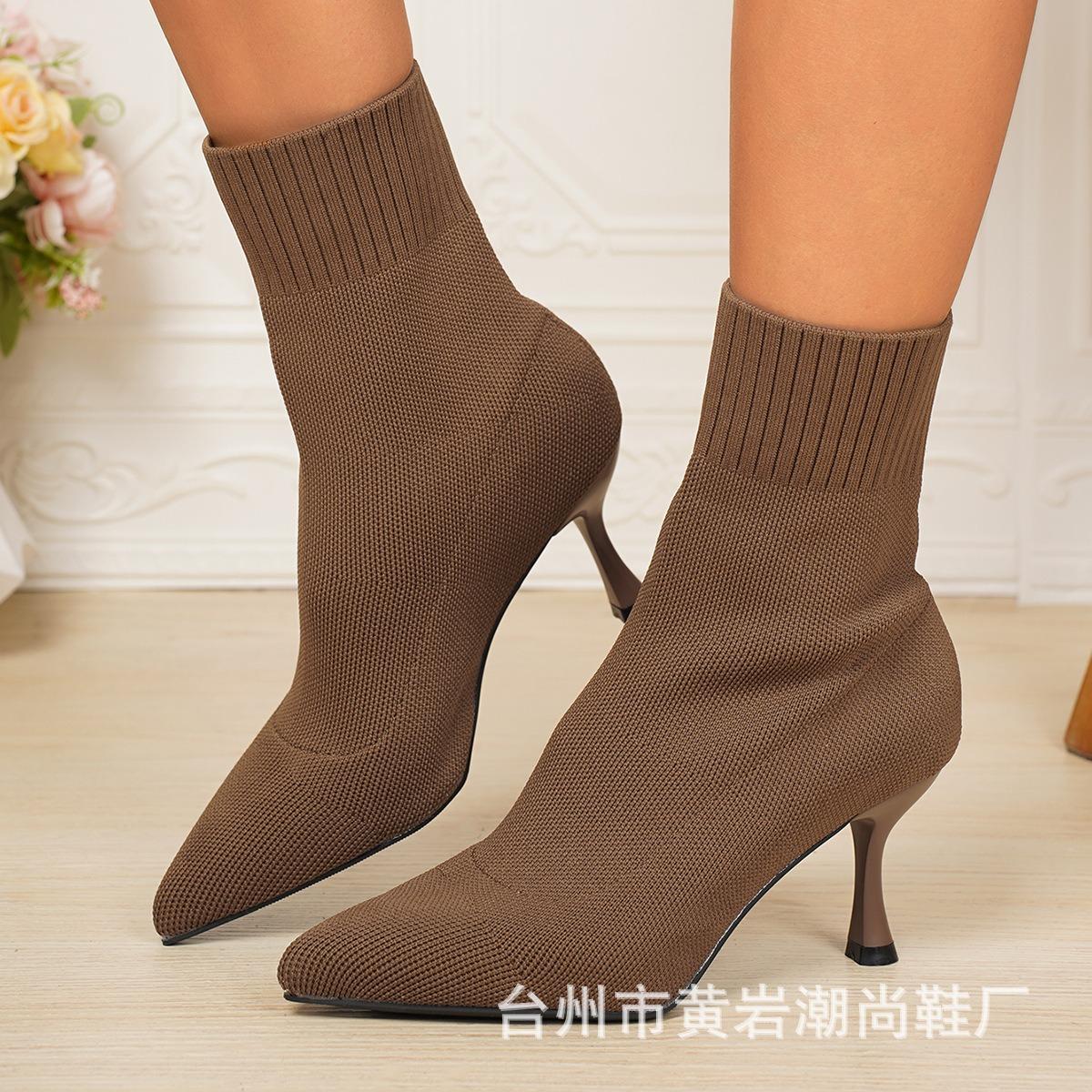 

Женские модные вязаные ажурные короткие сапоги на высоком каблуке с элегантным характером, из мягкой и эластичной ткани, повседневные и удобные для ношения с джинсами 39 темно-коричневого