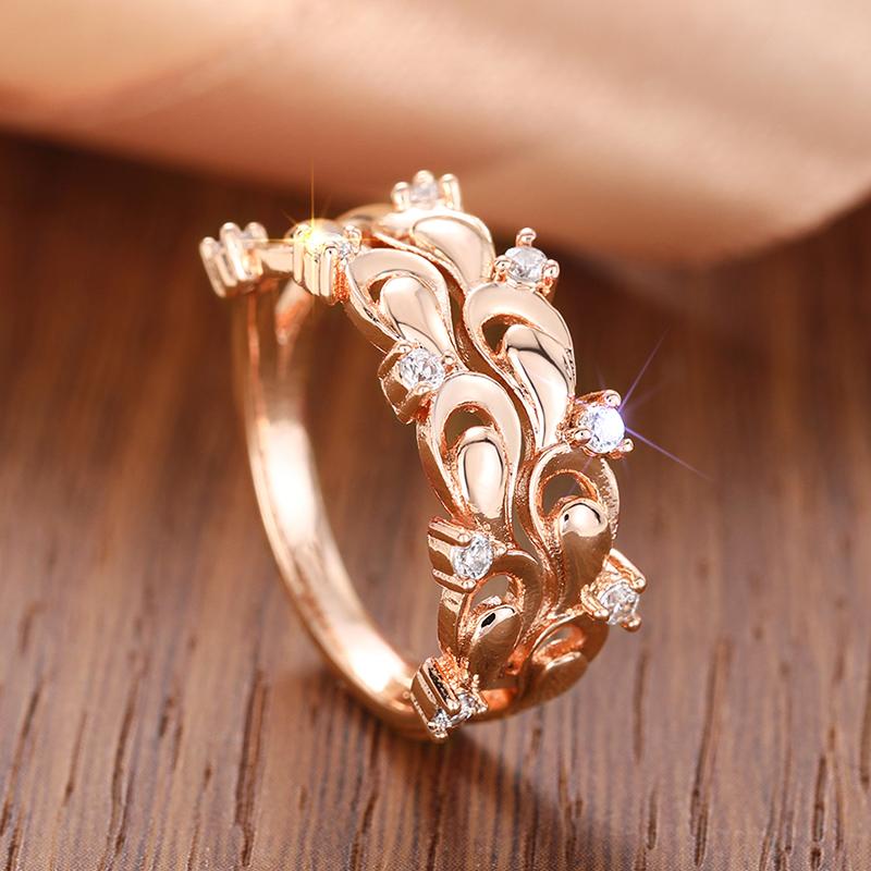 Huitan Waterdrop Pattern New Women Rings Rose Gold Color Aesthetic Bridal Wedding Rings Creative Design Female Party Jewelry