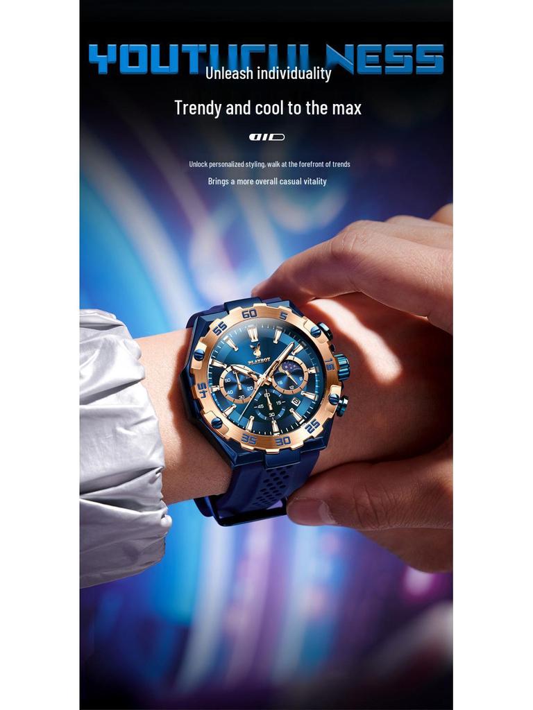Playboy Men's Multi-Function Waterproof Sports Watch with Large Dial and Three Eye Design.