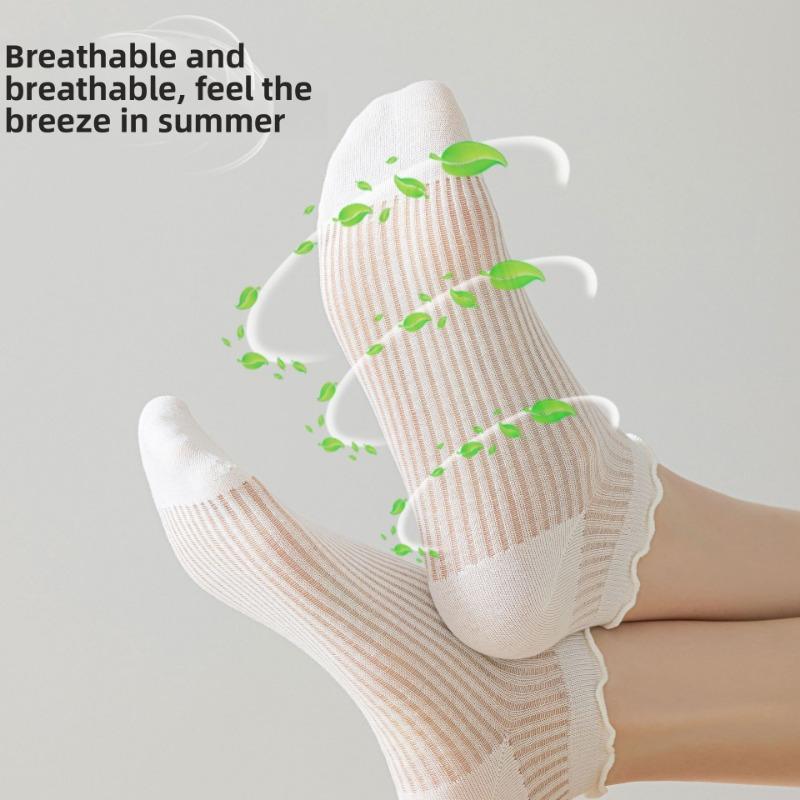 5 par spetssockor Dam Vår och Sommar Tunna Godisfärgssystem Nät Andningsbara Benfria Träöra Spets Låga Korta Bomullssockor
