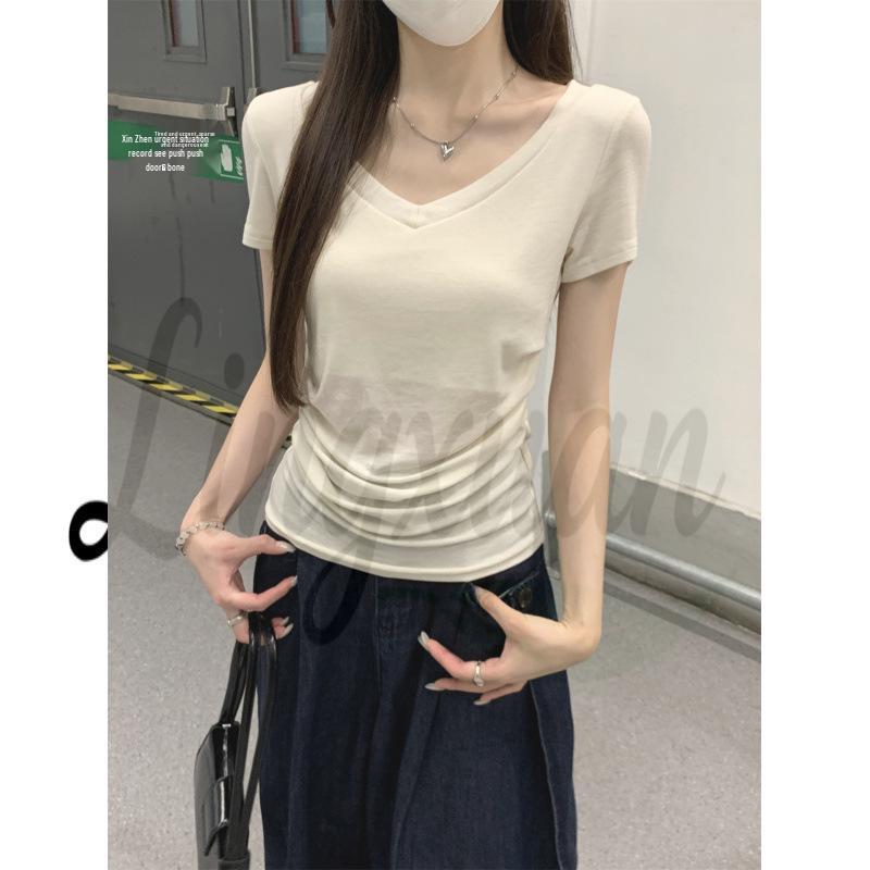 

Elegant Korean V-Neck Tencel T-Shirt: Summer Style with Ruched Waist and Short Sleeves Large абрикосовый