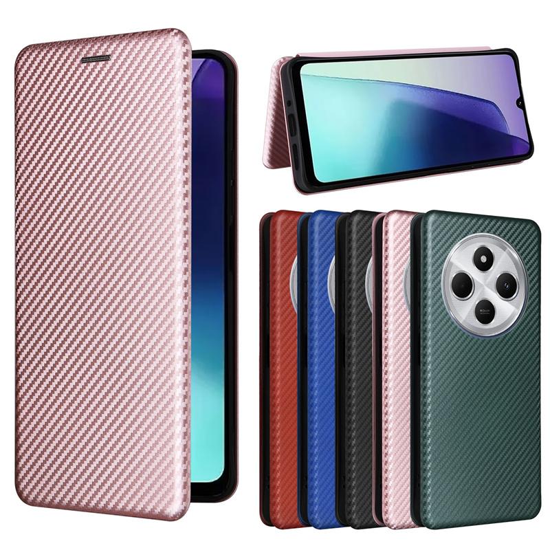 Flip-Hülle für Redmi 14C 4G mit Kartenfach, magnetischer Oberfläche aus Kohlefaser und Leder, stoßfest