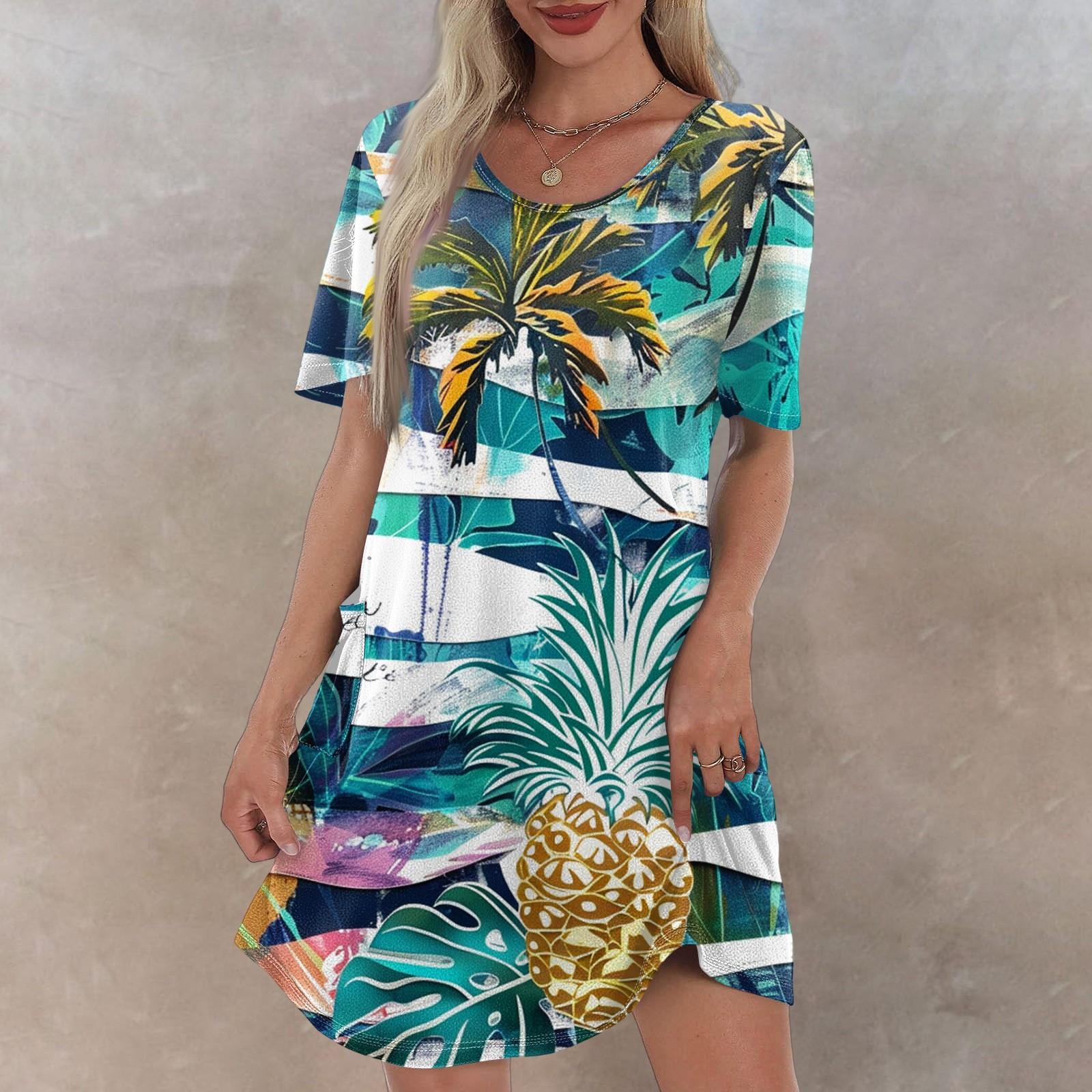 

Женское повседневное модное платье с V-образным вырезом и коротким рукавом с гавайским принтом и карманом L синий