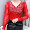 Spring Autumn Women's Lace Sleeve Patchwork T-Shirt Elegant V-neck Tees Slim Ladies Tops With Rhinestone Flower