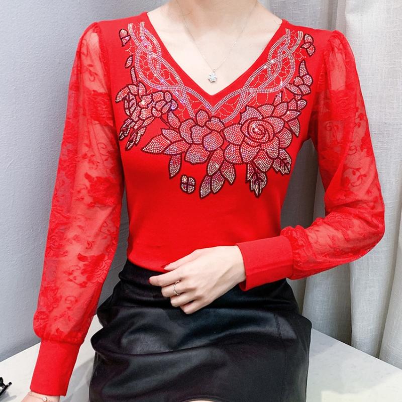 Spring Autumn Women's Lace Sleeve Patchwork T-Shirt Elegant V-neck Tees Slim Ladies Tops With Rhinestone Flower
