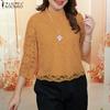 ZANZEA Women Casual Round Neck 3/4 Sleeve Lace Patchwork Blouse