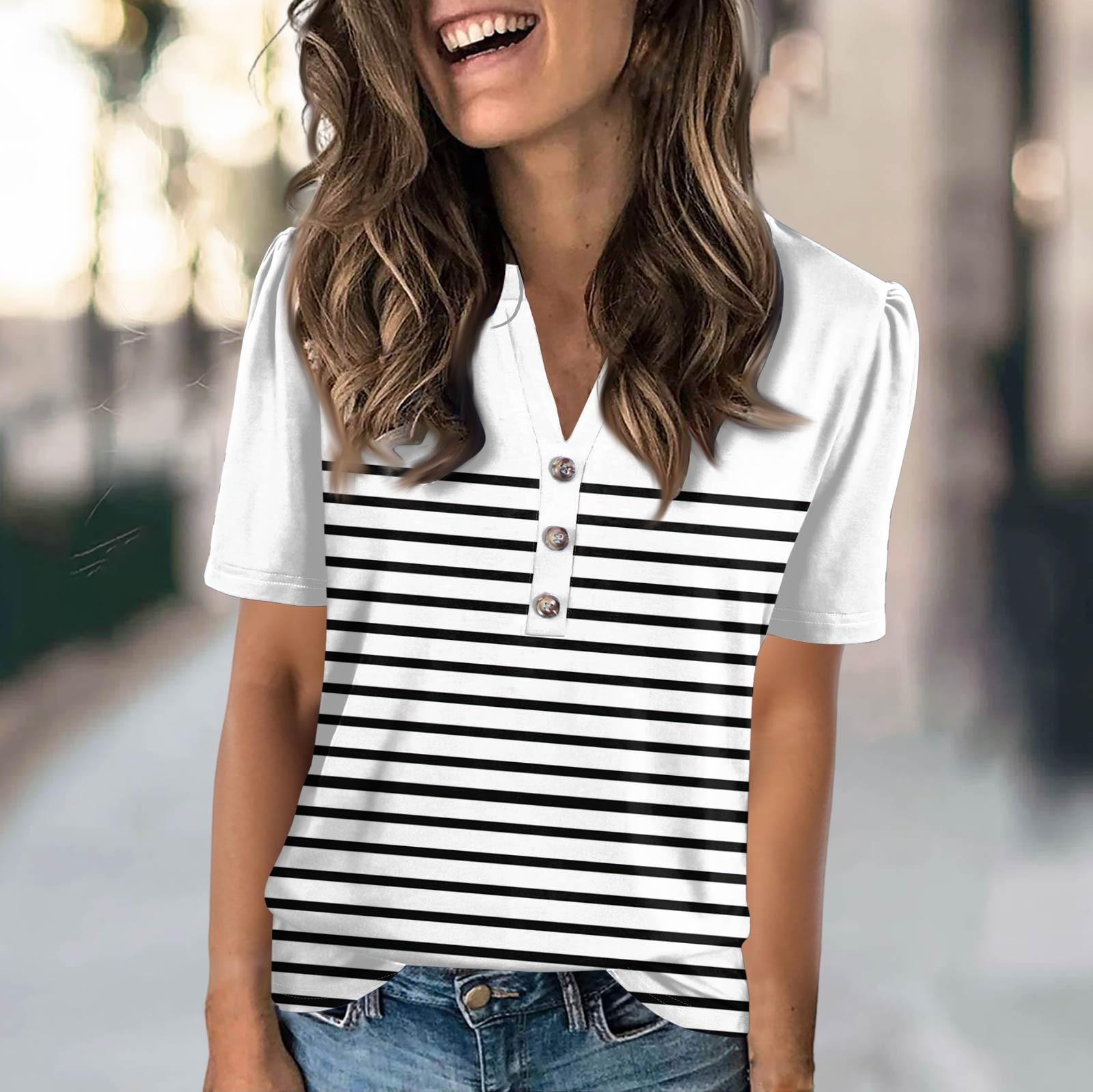 

Женская модная повседневная футболка с полосатым принтом и V-образным вырезом, коротким рукавом, на пуговицах XXL белый